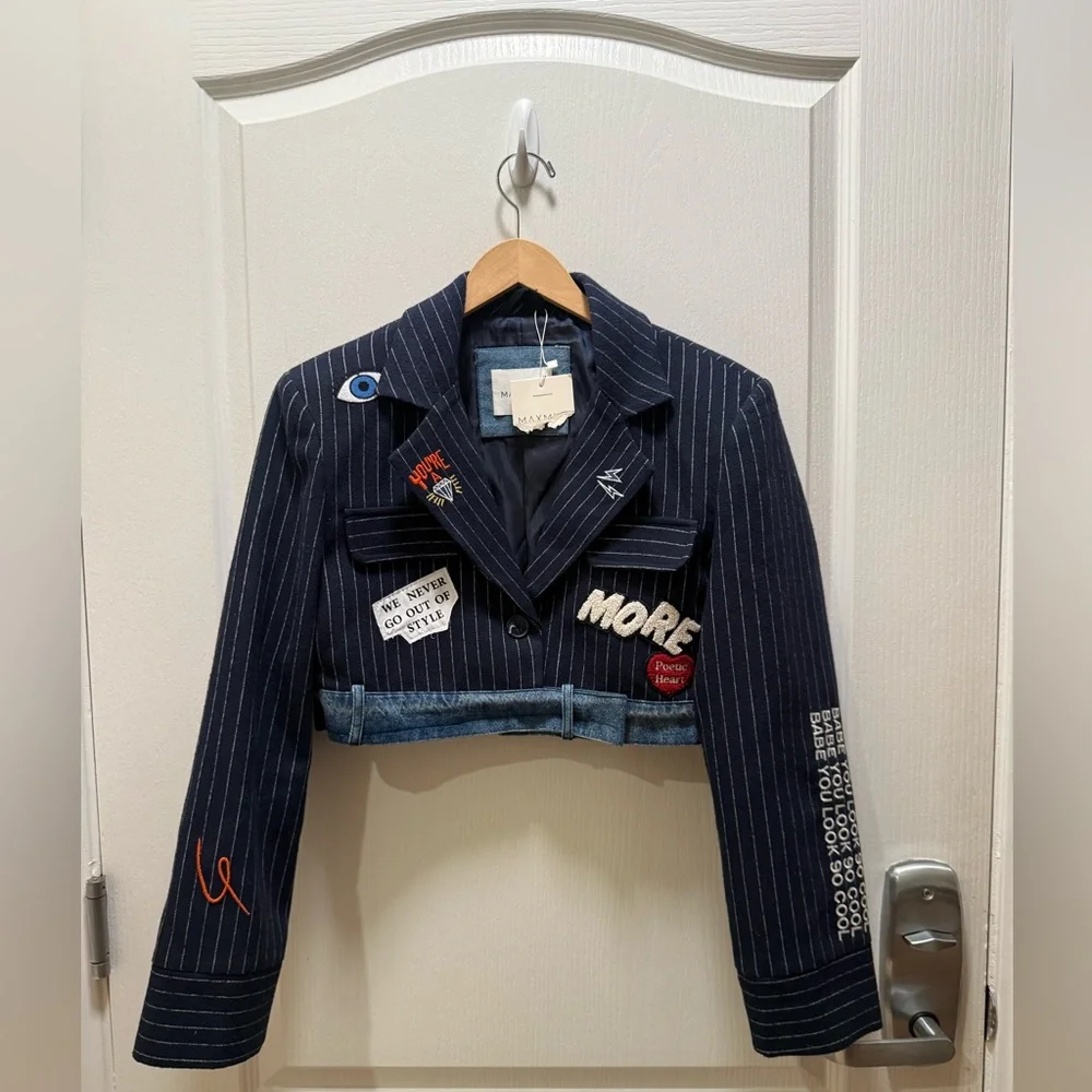 MAXMILA PARIS  Premium Crop Blazer with Embroidered Denim Trim size M NWT - Picture 5 of 8